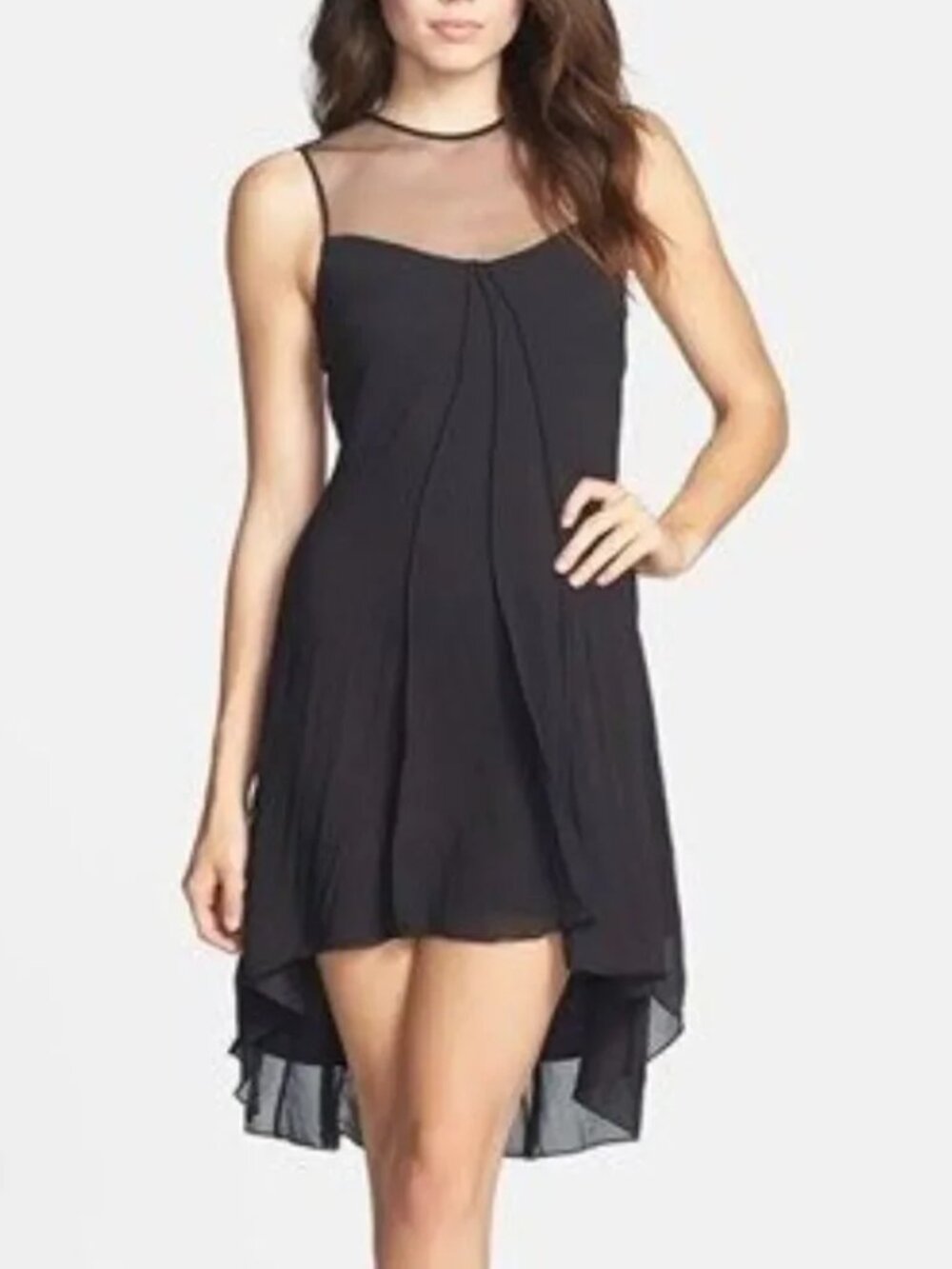 DRESS THE POPULATION 'JADE' ILLUSION YOKE CHIFFON HIGH LOW DRESS
